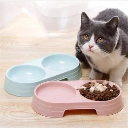 Double Cat Bowl Dog Bowl Pet Feeding Macarone Cat Water Food Bowl Anti-overturning Pet Bowls Feeder For Cats Dogs Pet Supplies (Color: pink)