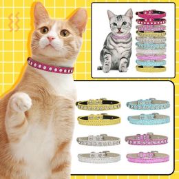 Super Shining Diamond Rhinestone Cat Collar Puppy Baby Dog Cat Collar Leather Strap Kitten Accessories Adjustable Puppy Collar (Color: Rose red)