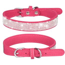 Pet Collar Shiny Artificial Rhinestone Dog Collar For Puppy And Cat; Microfiber Cat Collar (Color: Rose red)