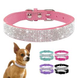 Dog Collar Crystal Glitter Rhinestone Pet Collars Zinc Alloy Buckle Collar For Small Medium Dogs Cats Chihuahua Pug Dog Collar (Color: pink)