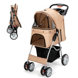 Foldable 4-Wheel Pet Stroller with Storage Basket (Color: beige)