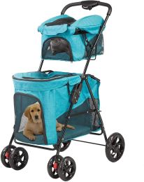 Portable Folding Dog Stroller Travel Cage Stroller for Pet Cat Kitten Puppy Carriages - Large 4 Wheels Elite Jogger (Color: Blue)